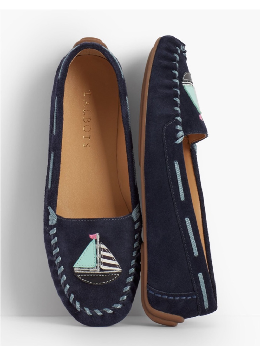 Talbots Navy Suede Moccasins with Sailboat Embroidery